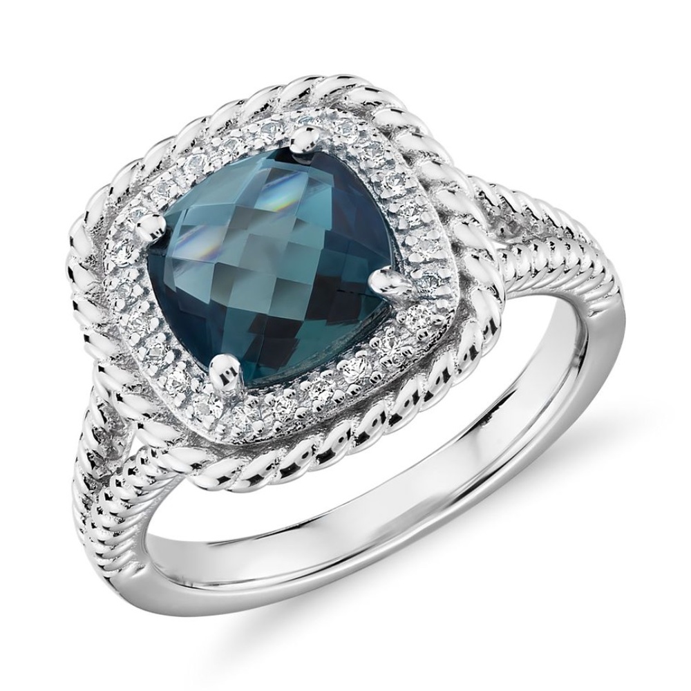 Corda Cushion-Cut London Blue Topaz Halo Ring in Sterling Silver